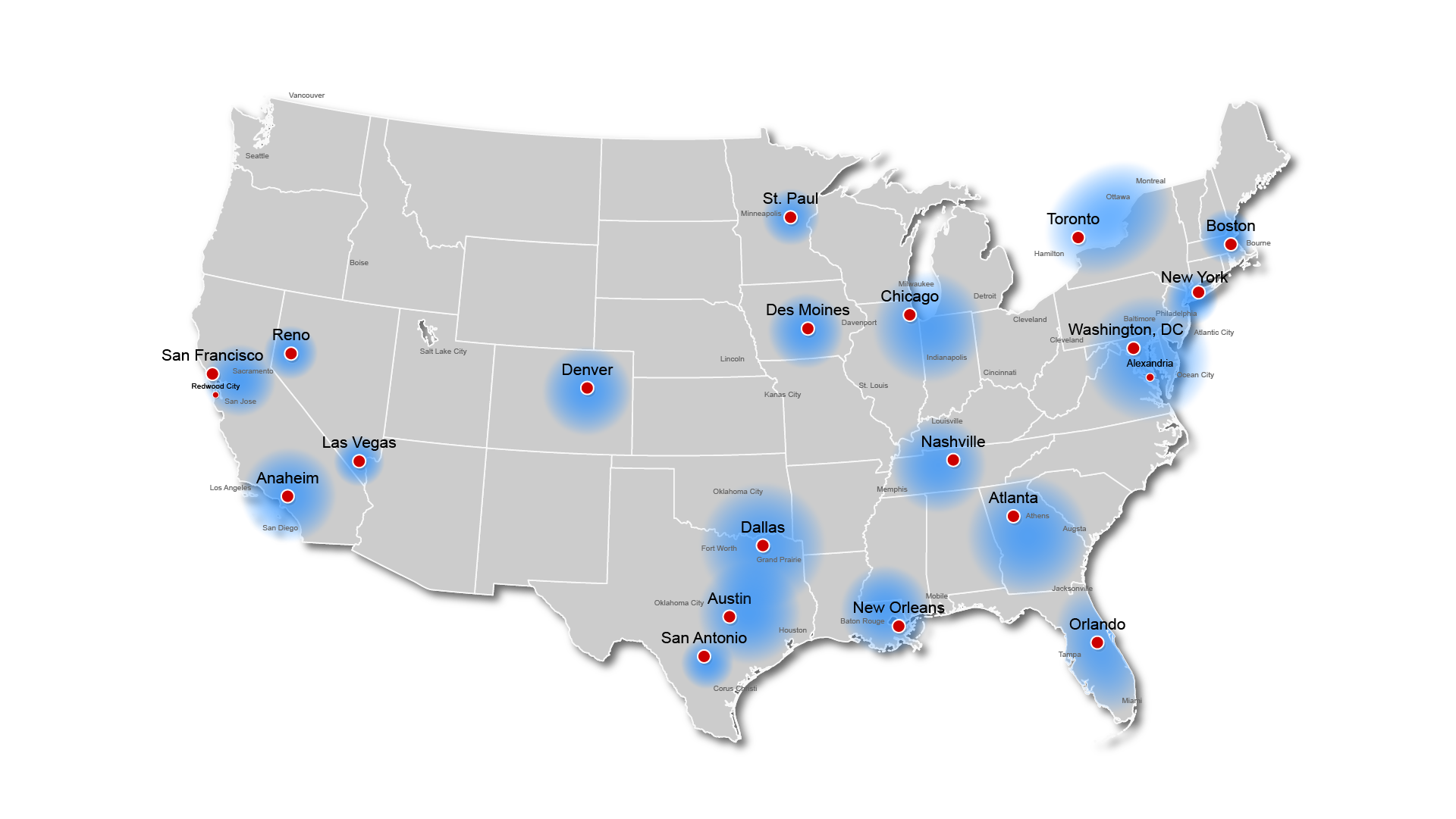 Map of the United States showing marked locations across multiple regions