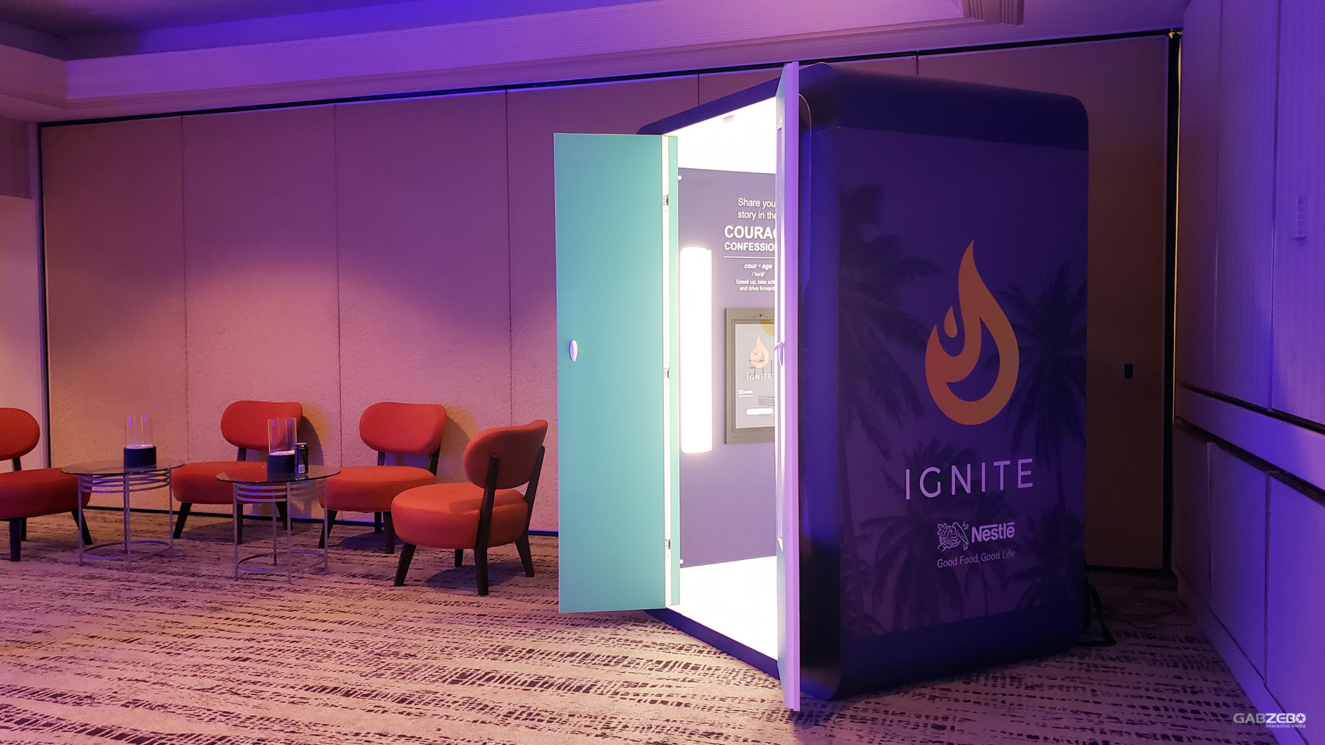 Branded video booth at an indoor event