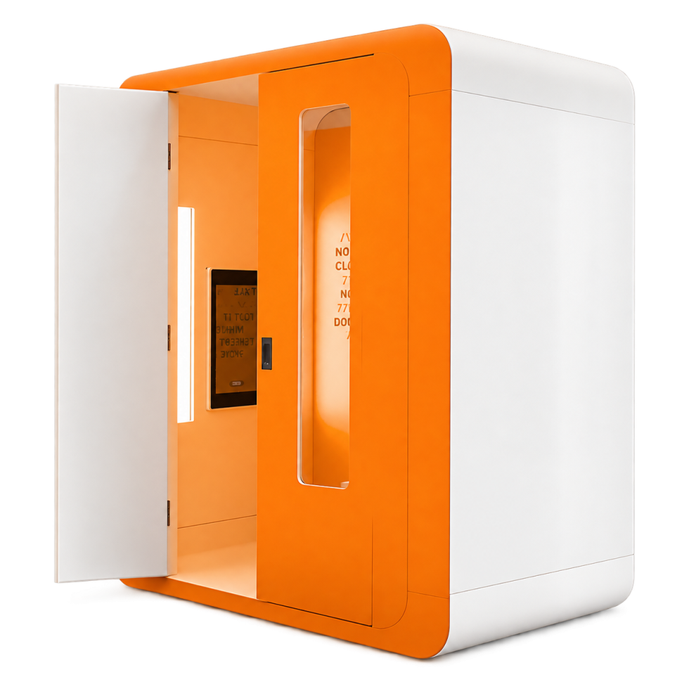 Orange and white enclosed Gabzebo video booth